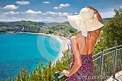 Beautiful woman looking on Valtos beach near Parga, Greece. Stock Photo