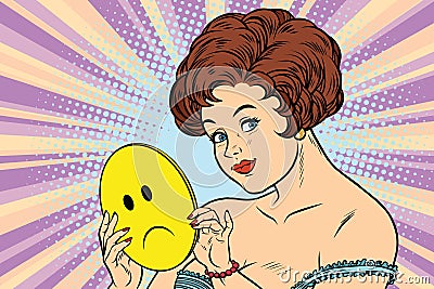Beautiful woman with mask Emoji sadness Vector Illustration