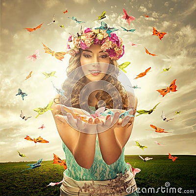 Beautiful woman on the meadow - many butterfly Surrounds Stock Photo