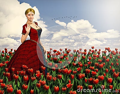 Beautiful woman in a medieval princess dress in a red flower field Stock Photo