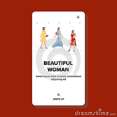 Beautiful Woman Models Walking On Podium Vector Vector Illustration