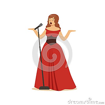 Beautiful woman opera singer in long red dress singing with microphone Vector Illustration