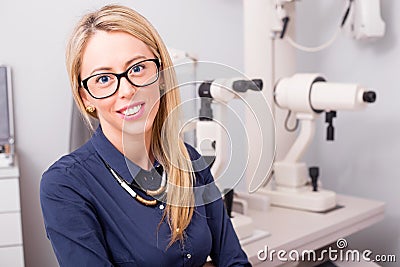 Beautiful woman with optic glasses Stock Photo