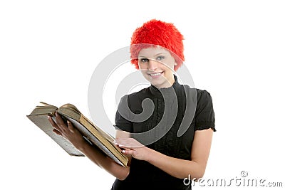 Beautiful woman, orange wig reading old book Stock Photo