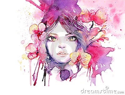 Beautiful woman with orchid flowers - watercolor fashion illustration with female portrait Cartoon Illustration