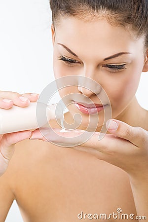 Beautiful woman with perfect skin: facial cleansing Stock Photo