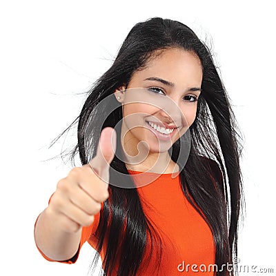 Beautiful woman with perfect white smile with thumb up Stock Photo