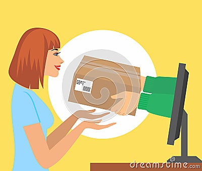 Beautiful woman pick up a present of hands from computer monitor. vector illustration concept for gift delivery service, e-comm Vector Illustration