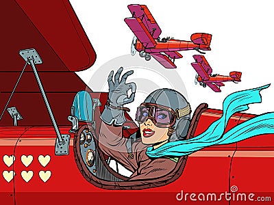 Beautiful woman pilot in love plane. Valentines Day Vector Illustration