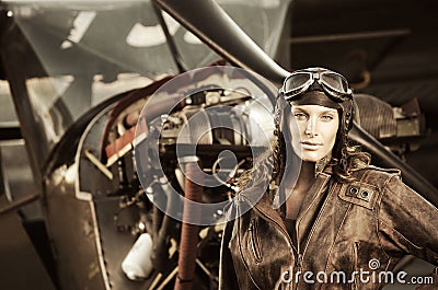 Beautiful woman pilot: vintage photo Stock Photo