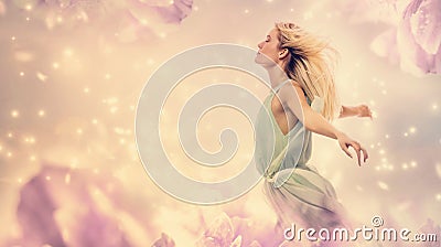 Beautiful woman in a pink peony flower fantasy Stock Photo