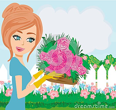 Beautiful woman plant flowers in the garden Vector Illustration