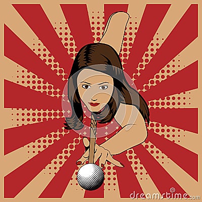 Beautiful woman playing billiards on red vintage background. Vector Illustration