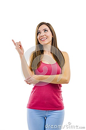 Beautiful woman pointing to something Stock Photo