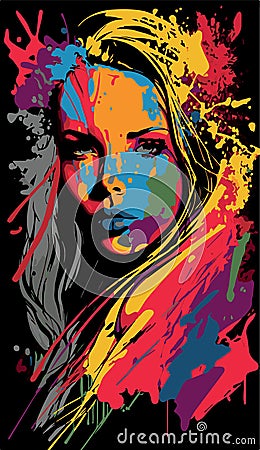 Beautiful woman pop art poster. Vector style portrait of beauty and creative girl. Paint splatter Vector Illustration
