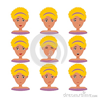 Beautiful woman portrait with different facial expressions set isolated Vector Illustration