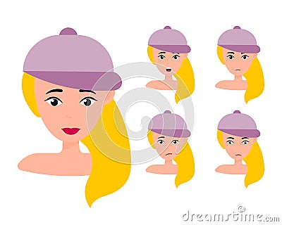 Young girl smiling, surprised, happy, smiling, idea, kind, angry, greeting emotion face vector character. Blond in hat Vector Illustration