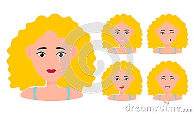 Young girl smiling, surprised, happy, smiling, idea, kind, angry, greeting emotion face vector character. Blond Vector Illustration