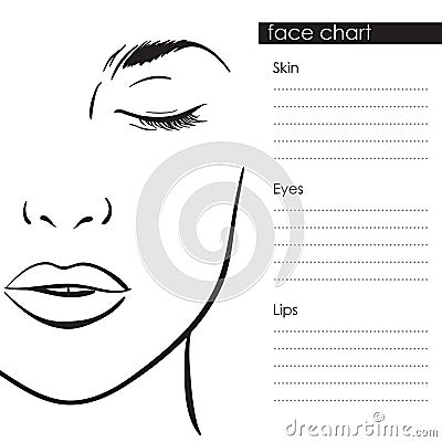 Beautiful woman portrait. Face chart Makeup Artist Blank Template. Vector Vector Illustration