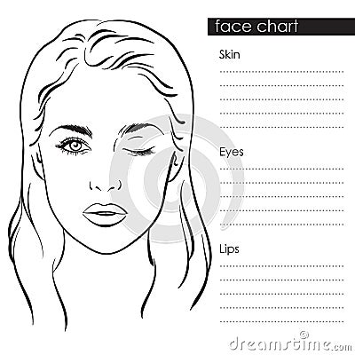 Beautiful woman portrait. Face chart Makeup Artist Blank Template. Vector illustration. Vector Illustration