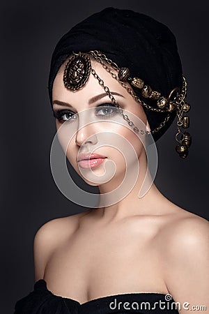 Beautiful woman portrait with headscarf on head Stock Photo