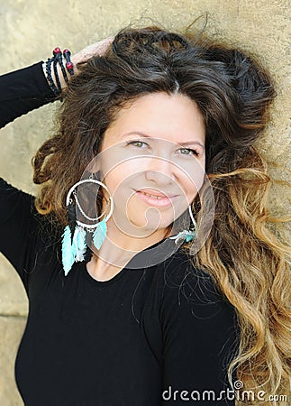 Beautiful woman portrait, long hairs, indie style, handmade jewelry Stock Photo