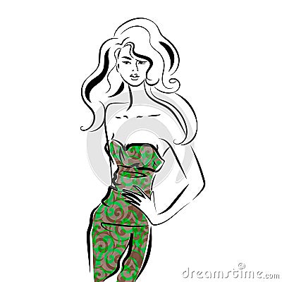 Beautiful woman in printed dress portrait Vector Illustration