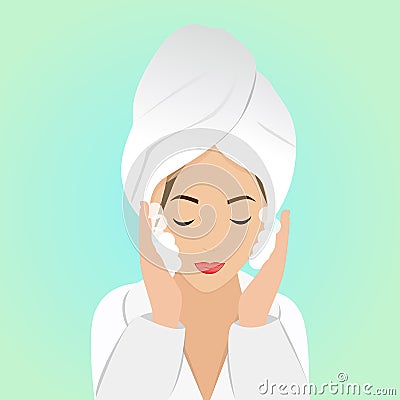 Beautiful woman in process of washing face in bathrobe and towel. Vector illustration Cartoon Illustration