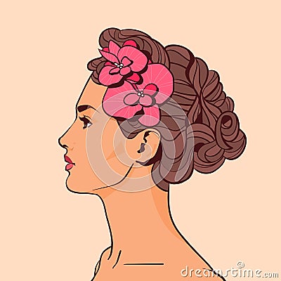 Beautiful Woman Profile With Flowers In Elegant Hairstyle Attractive Girl On Beige Background Vector Illustration