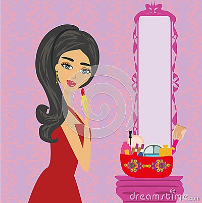 Beautiful woman putting lipstick on Vector Illustration