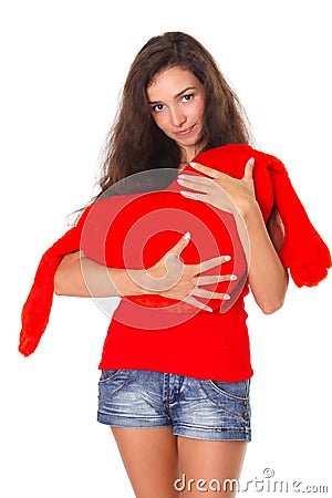 Beautiful woman with red heart - love concept Stock Photo