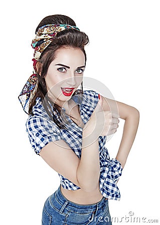 Beautiful woman in retro pin-up style showing thumbs up isolated Stock Photo