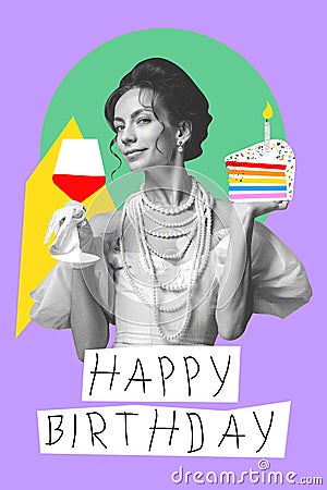 Beautiful woman, royal person in dress standing with cake and wine glass, celebrating birthday. Creative design. Poster Stock Photo