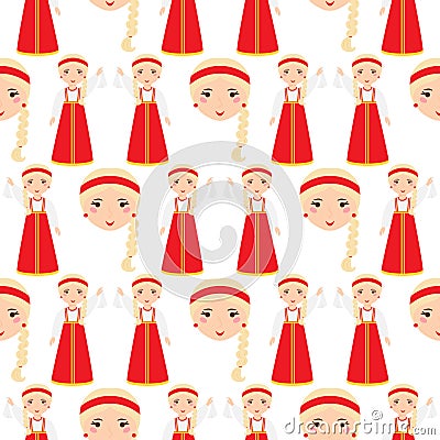 Beautiful woman in Russian traditional headscarf russian nation costume girl seamless pattern background vector Vector Illustration