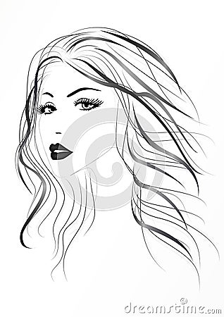 Beautiful woman`s face with long wavy hair, black and white vector illustration Vector Illustration