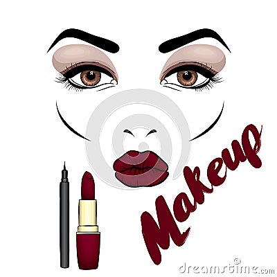 Beautiful woman`s face with makeup. Eyes and lips. Cosmetics. Vector illustration for a card or poster. Print on clothes. Advertis Vector Illustration