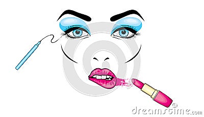 Beautiful woman`s face with makeup. Eyes and lips. Cosmetics. Vector illustration for a card or poster. Print on clothes. Advertis Vector Illustration