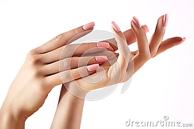 Beautiful woman`s hands on light background. Care about hand. Tender palm. Natural manicure, clean skin. Pink nails Stock Photo