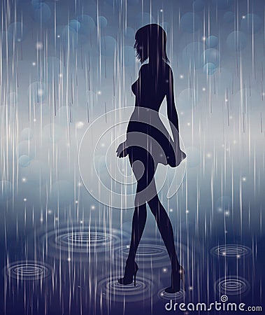 Beautiful woman, girl silhouette walking in the rain, night background Vector Illustration