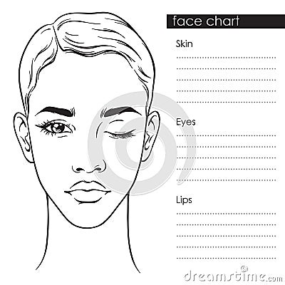 Beautiful woman with short haircut and one eye closed portrait. Face chart Makeup Artist Blank Template vector llustration Vector Illustration