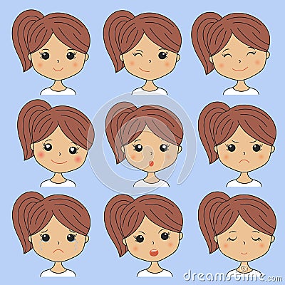 Beautiful woman showing various facial expressions. Happy, sad, angry, cry, smile. Cartoon girl icons set on Vector Illustration