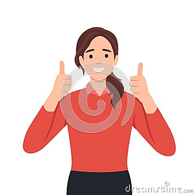 A beautiful woman shows a gesture of approval. Cool or Ok. Thumb lifted up Vector Illustration