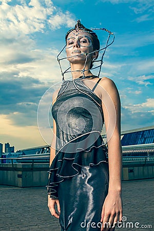 https://thumbs.dreamstime.com/x/beautiful-woman-silver-dress-crystals-face-fashion-model-futuristic-hairstyle-make-up-sci-fi-style-44145705.jpg