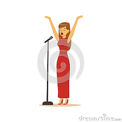 Beautiful woman singer in red dress performing a song vector Illustration Vector Illustration