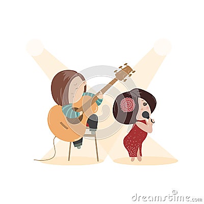 Beautiful woman singing with a microphone and Vector Illustration