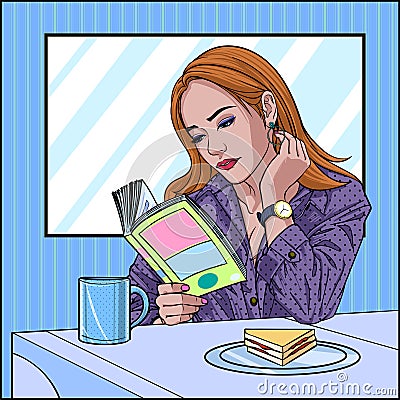 A beautiful woman sitting reading a book in the room Illustration vector On pop art comic style Colorful window background Vector Illustration