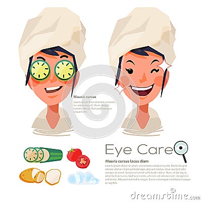 beautiful woman with sliced cucumber on her eyes. eyes care concept. tomato. slice - vector Cartoon Illustration