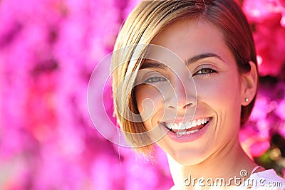 https://thumbs.dreamstime.com/x/beautiful-woman-smiling-white-perfect-teeth-warmth-lot-pink-flowers-background-53111823.jpg