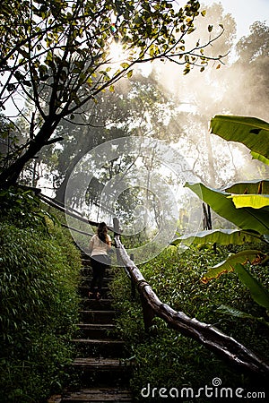 Beautiful woman on stairs on a foggy and wet rainforest path in Chiang Mai & x28;Thailand Stock Photo