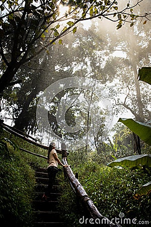 Beautiful woman on stairs on a foggy and wet rainforest path in Chiang Mai & x28;Thailand Stock Photo